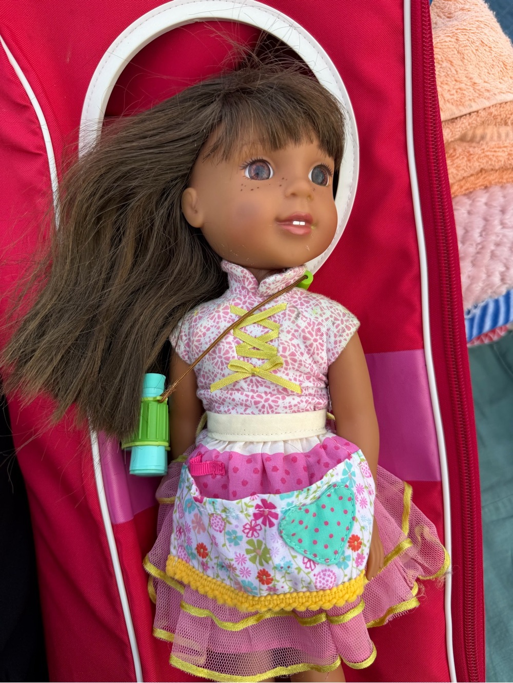 American Girl Doll in Pink Floral Layered Dress with Binoculars